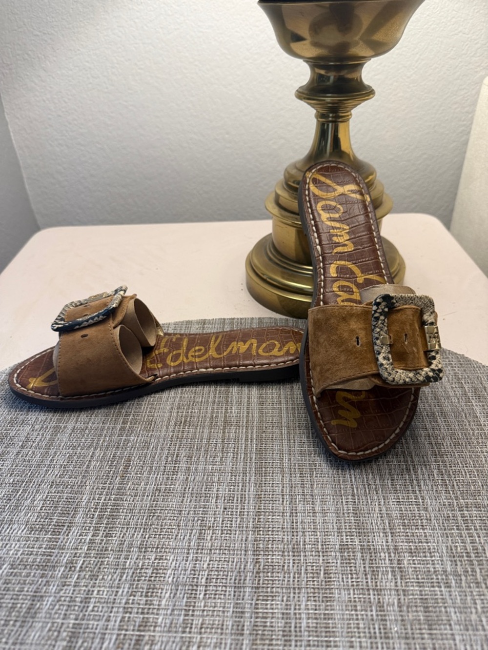Sam Edelman Tan Suede Slide Sandals with Snake-Print Buckles